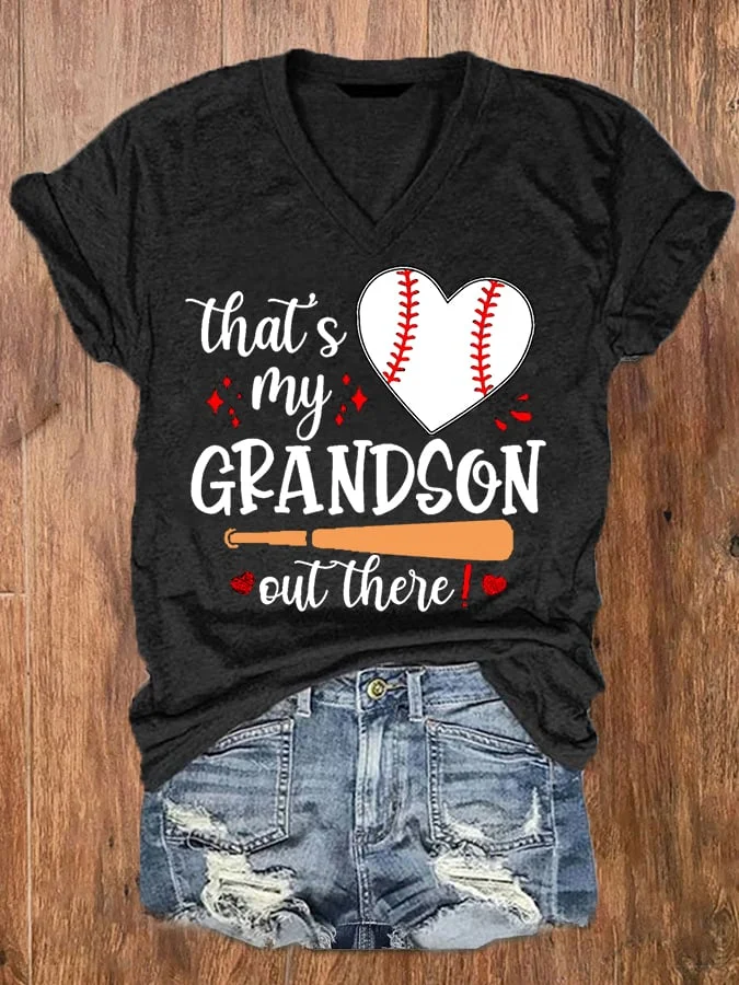 Women's That's My Grandson Out There Baseball Grandma V-Neck Tee