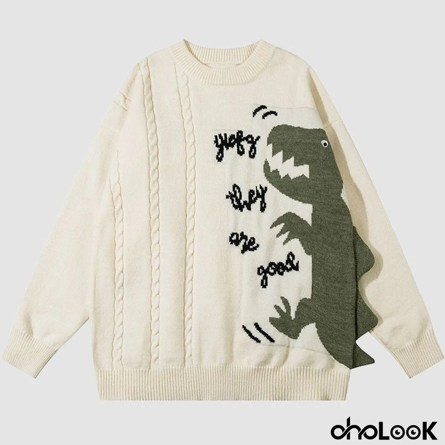 Dinosaur Pattern Patchwork Solid Color Sweater