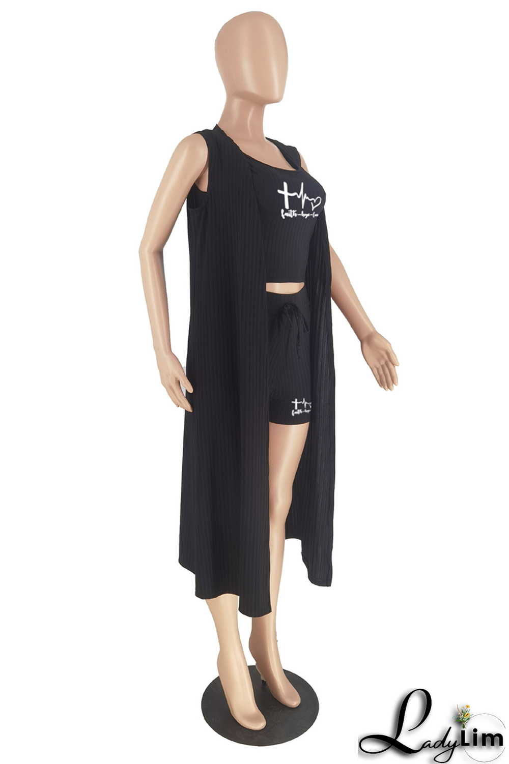 Pink Fashion Print Patchwork Cardigan Collar Sleeveless Three Pieces