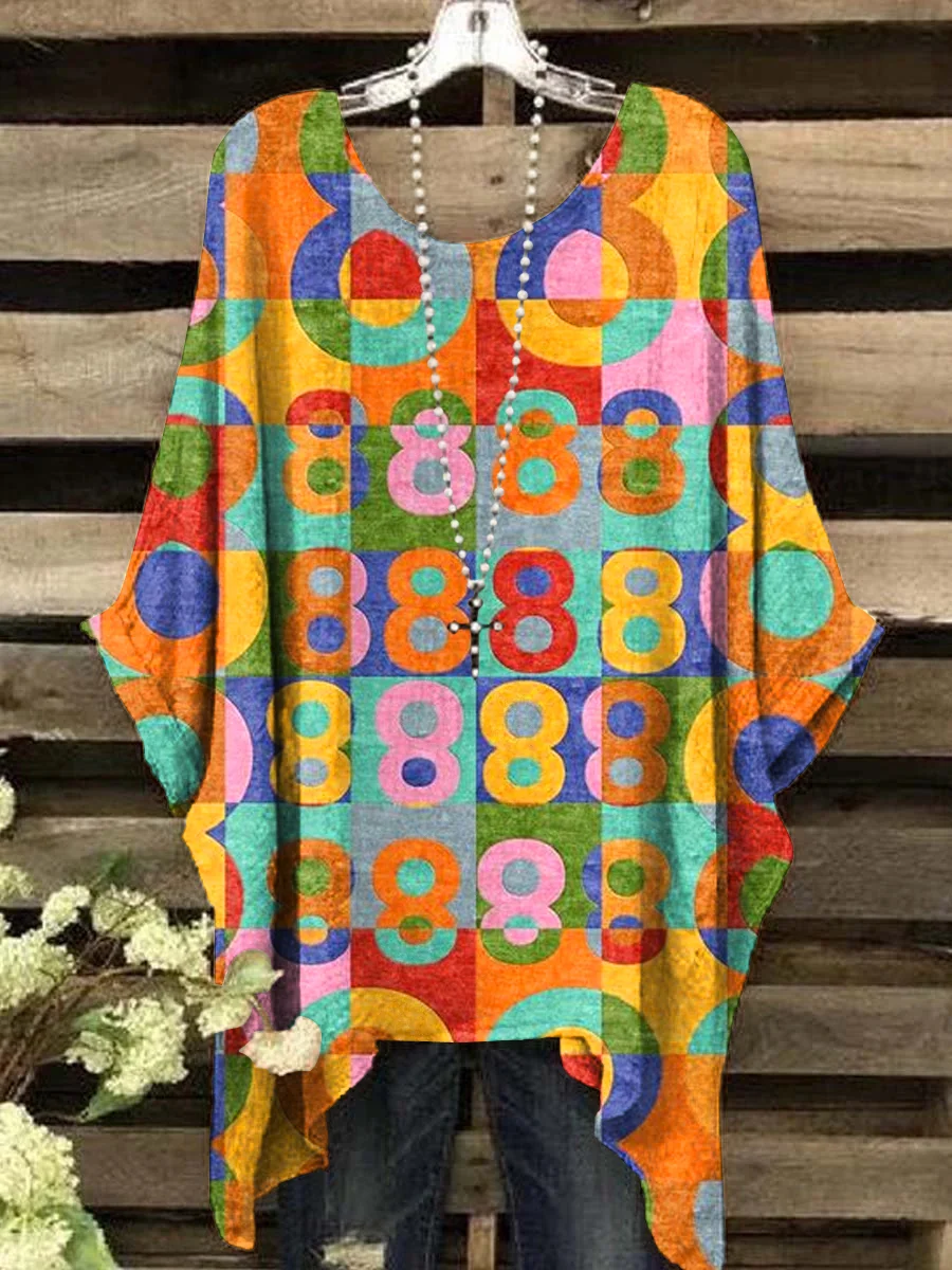 Women's Vintage Digital Geometric Color Art Print Crew Neck Top