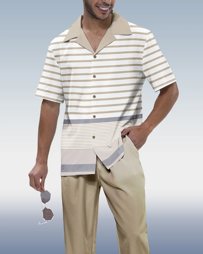 Khaki Horizontal Stripes Print Short Sleeve Hiking Suit