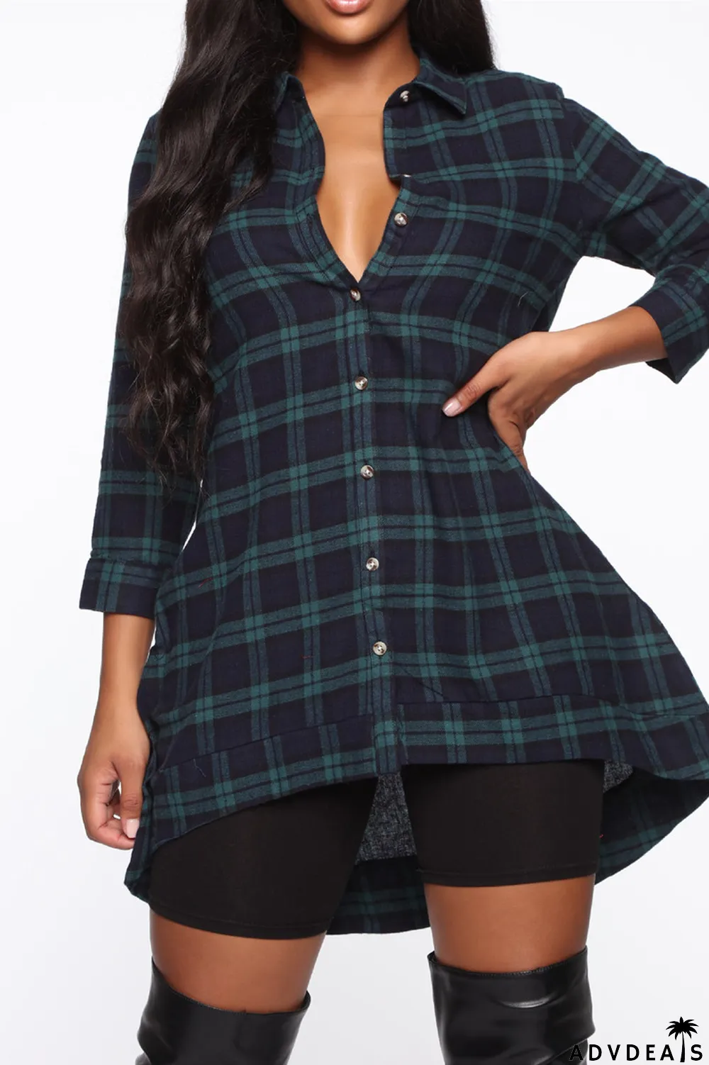 Blue Fashion Casual Plaid Print Asymmetrical Turndown Collar Tops
