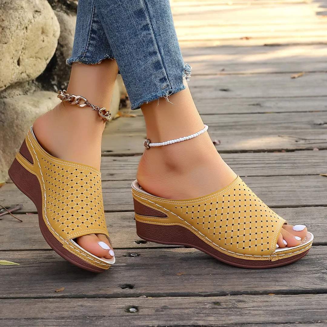 Breakj Breakj Women Large-Size Slopes And Summer New Fish Mouth Hollow Breathable Wear Thick-Bottomed Slippers Women