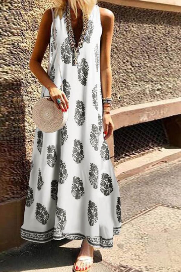 Vintage Print V-neck Vacation Dress - Life is Beautiful for You - SheChoic