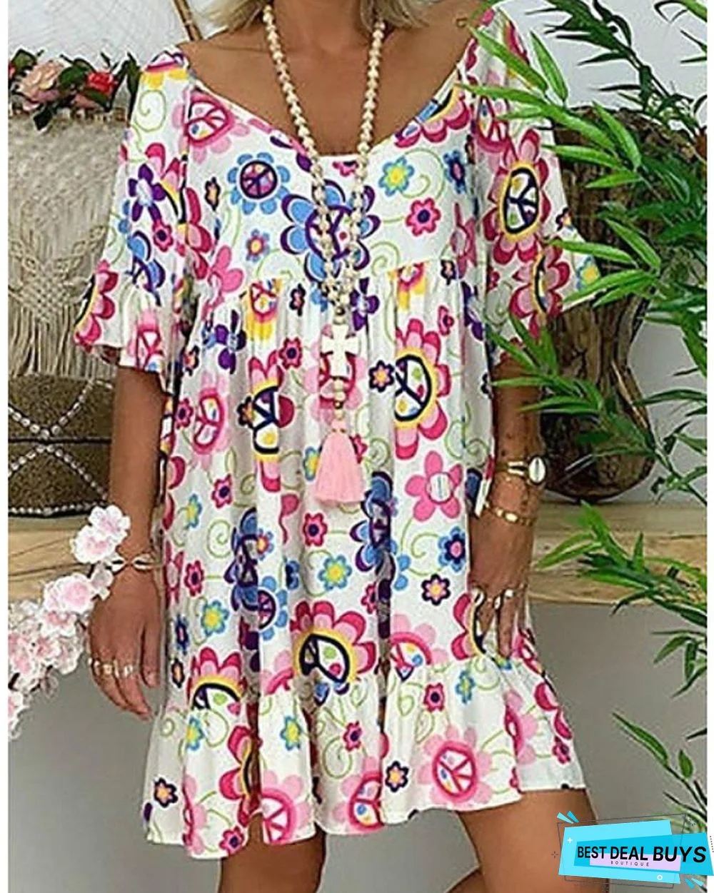 Women's Tunic Knee Length Dress - Short Sleeve Floral Print Summer Basic Hot White Blue Red Light Blue-0218817
