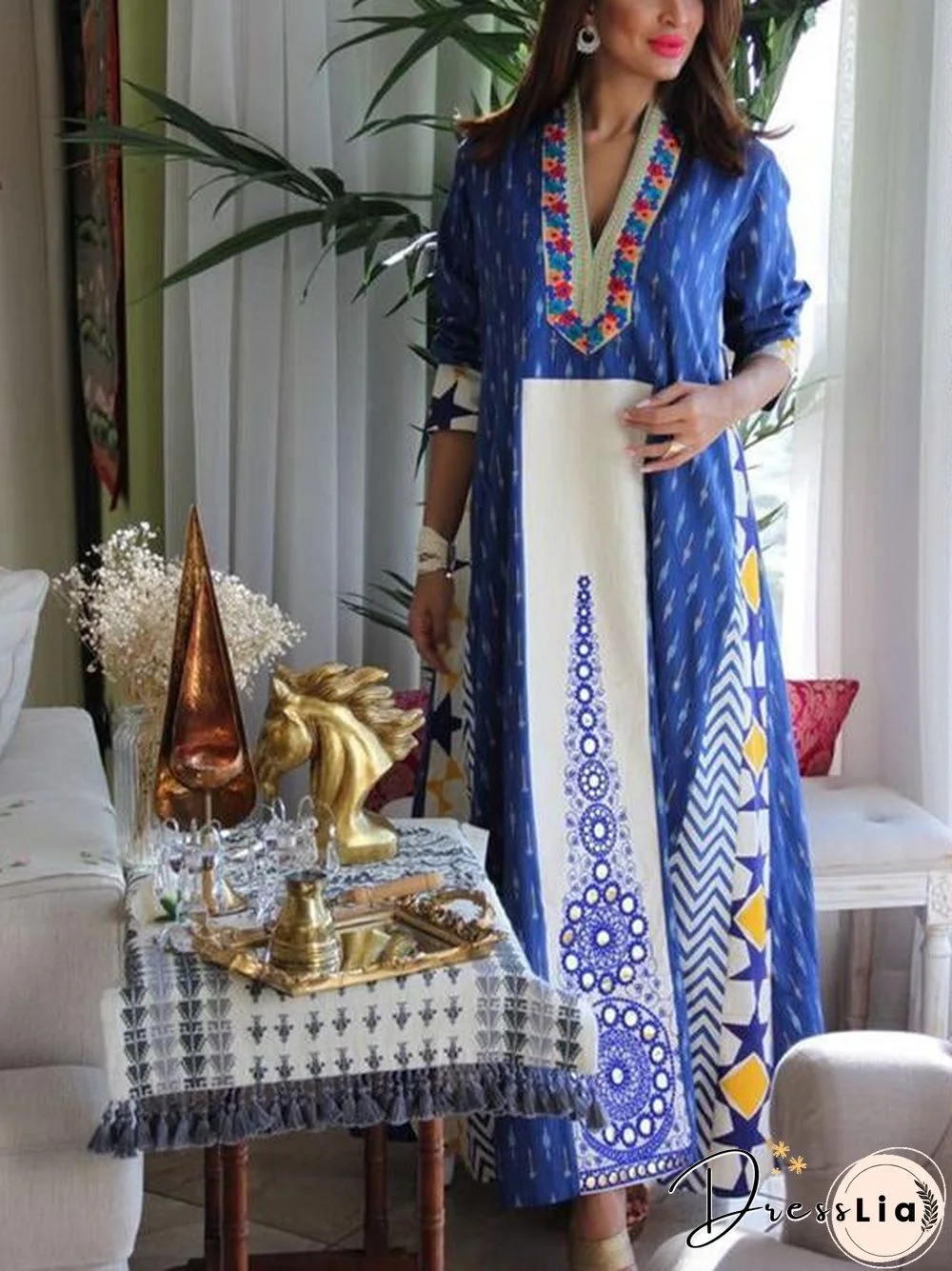 V Neck Blue And White Printed Maxi Dress