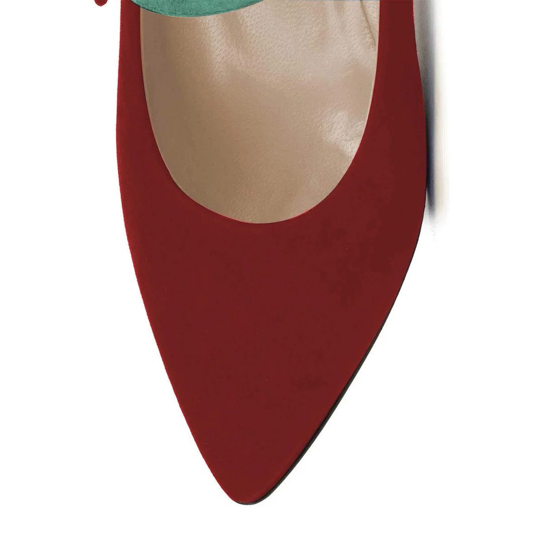 Wine Red Faux Suede Pointed Elegant Pumps with Turquoise Buckle Strap