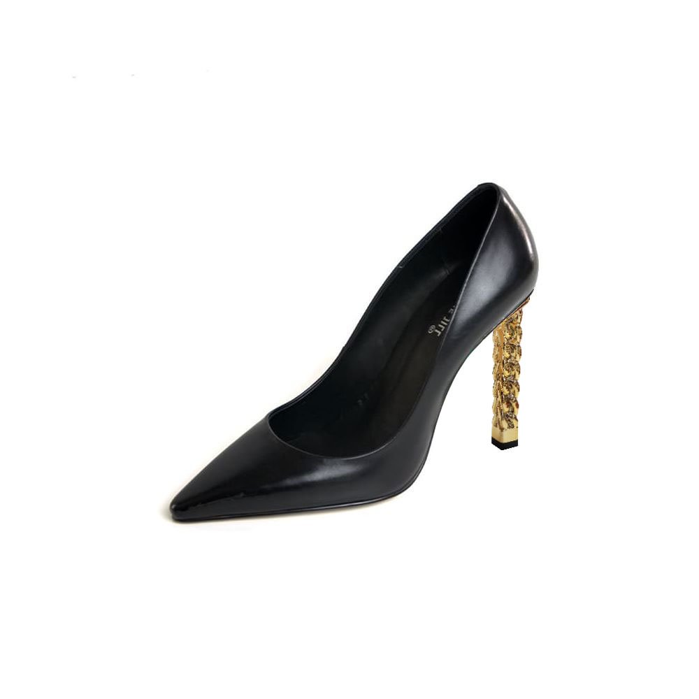 Full Black Leather Pointed Toe Pumps Classic Block Decorative Heels Nicepairs