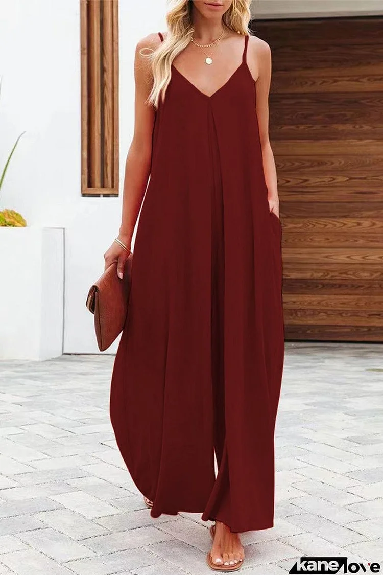 Casual Solid Solid Color V Neck Loose Jumpsuits