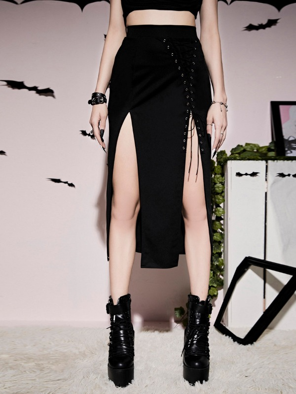 Gothic Dark Bandaged High Slit A-line Solid Skirt