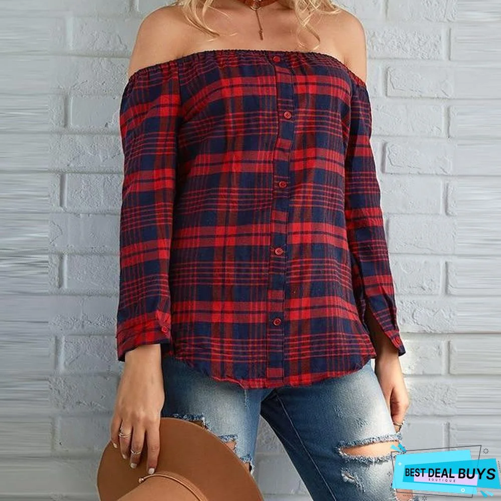 Women Plaid Shirt Sexy Off Shoulder Long Sleeve Tops Shirt Slash Neck Blouses