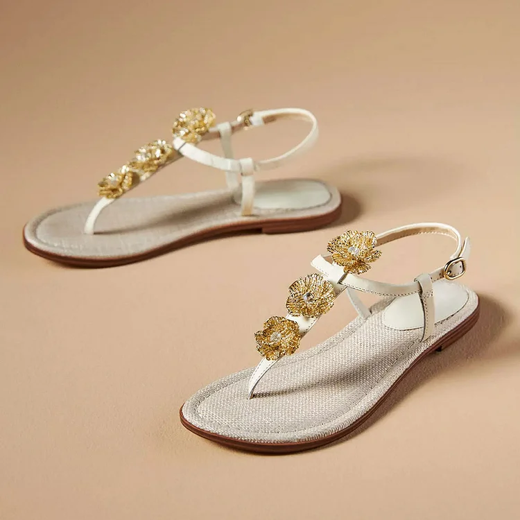 Stylish White Open Toe Floral Beading T-Strap Flat Sandals for Women |FSJ Shoes