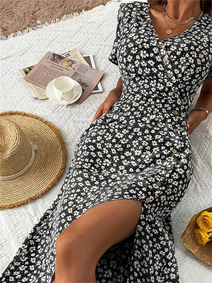 Summer Temperament Women's Slim-fit Holiday Wind Flared Sleeve Print V-neck Dress-Cosfine