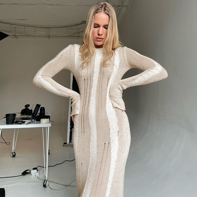 Ootddress Knitwear Hollow Out Solid Maxi Dress For Women See-Through High Waist Loose Knit Autumn Dress Fashion Elegant Party Dress