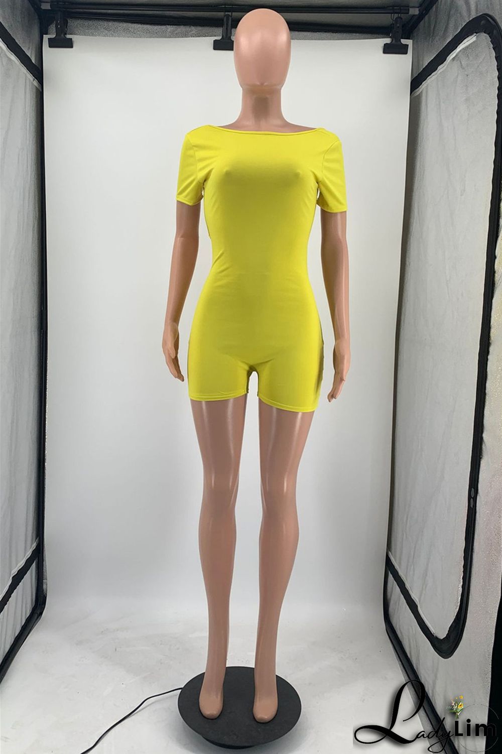 Yellow Fashion Casual Solid Basic O Neck Skinny Romper