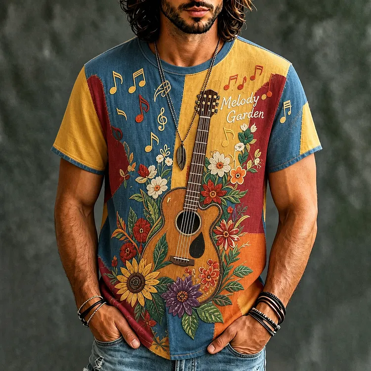 Men's Guitar Floral Patchwork Hippie T-shirt