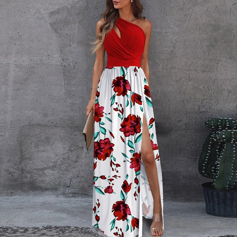 Ladies Sexy Hollow Out Sleeveless Party Dress Women Elegant Off Shoulder Split Long Dress Fashion Printing Femme Dress Vestidos