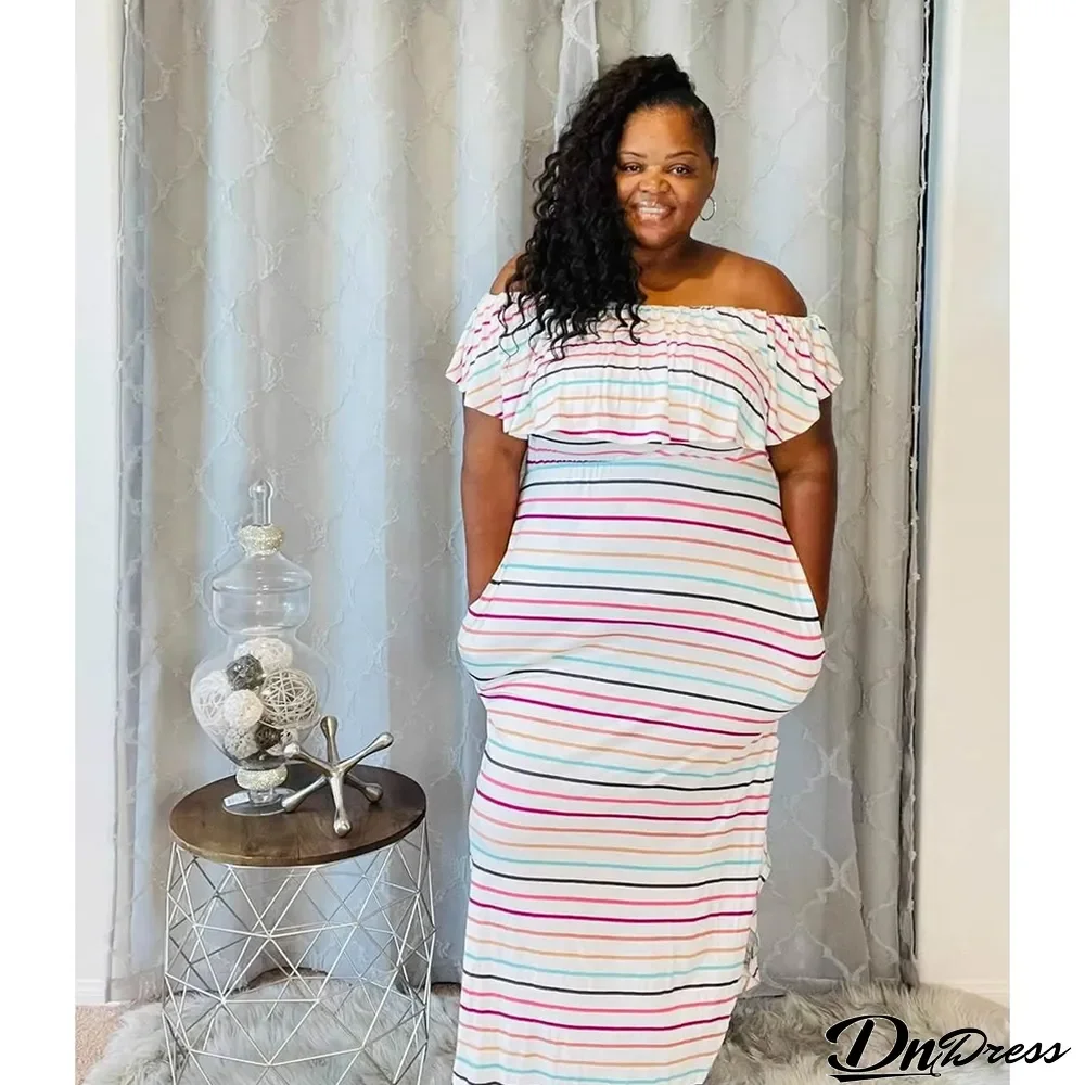 Women Summer Off Shoulder Stripe Chic Pocket Short Sleeve Dress