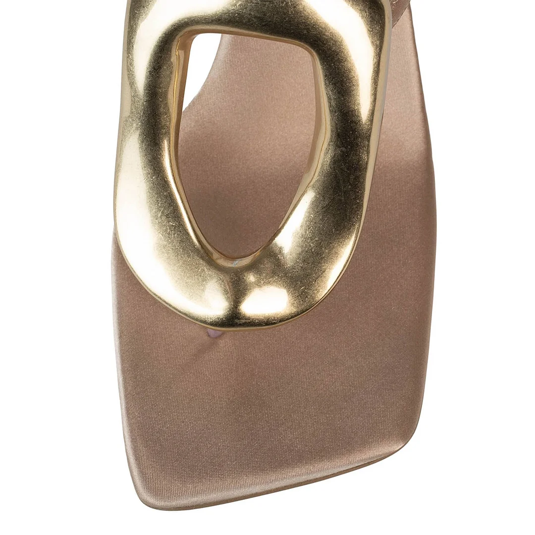 Beige Satin Square Toe Golden Buckle Sandals with Wedge Heels