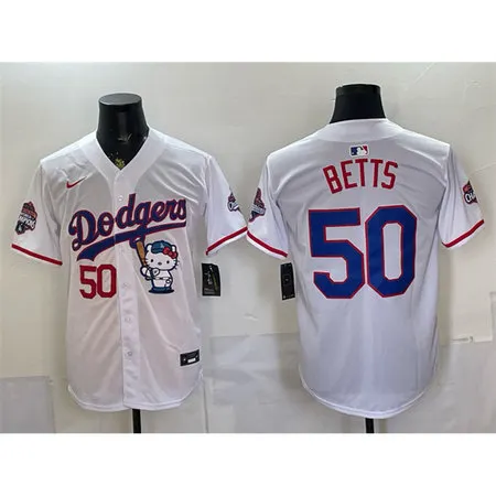 Men's Los Angeles Dodgers #50 Mookie Betts White Hello Kitty Night 2025 World Series Champions Patch Stitched Baseball Jersey