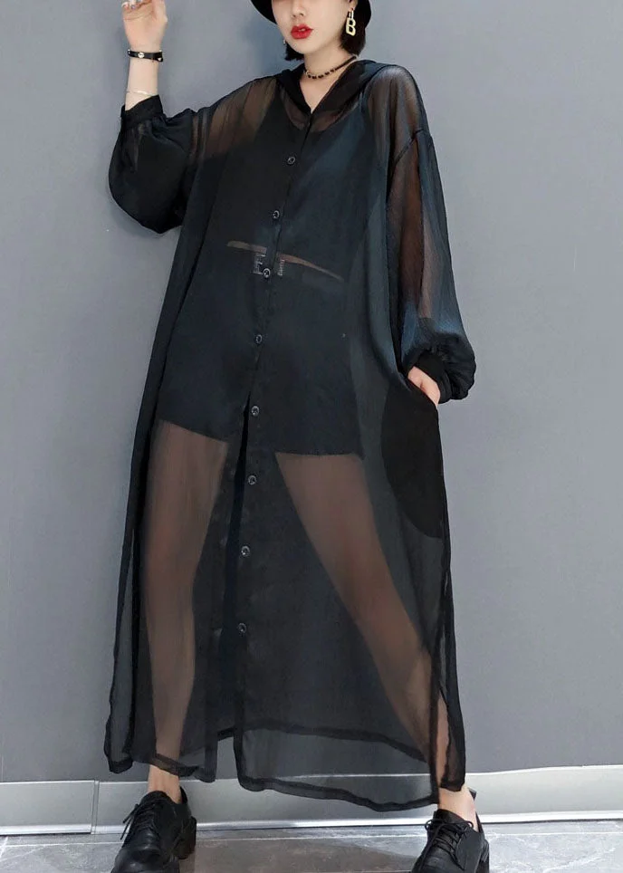 4.15Black Loose Chiffon UPF 50+ Cardigans Oversized Side Open Summer