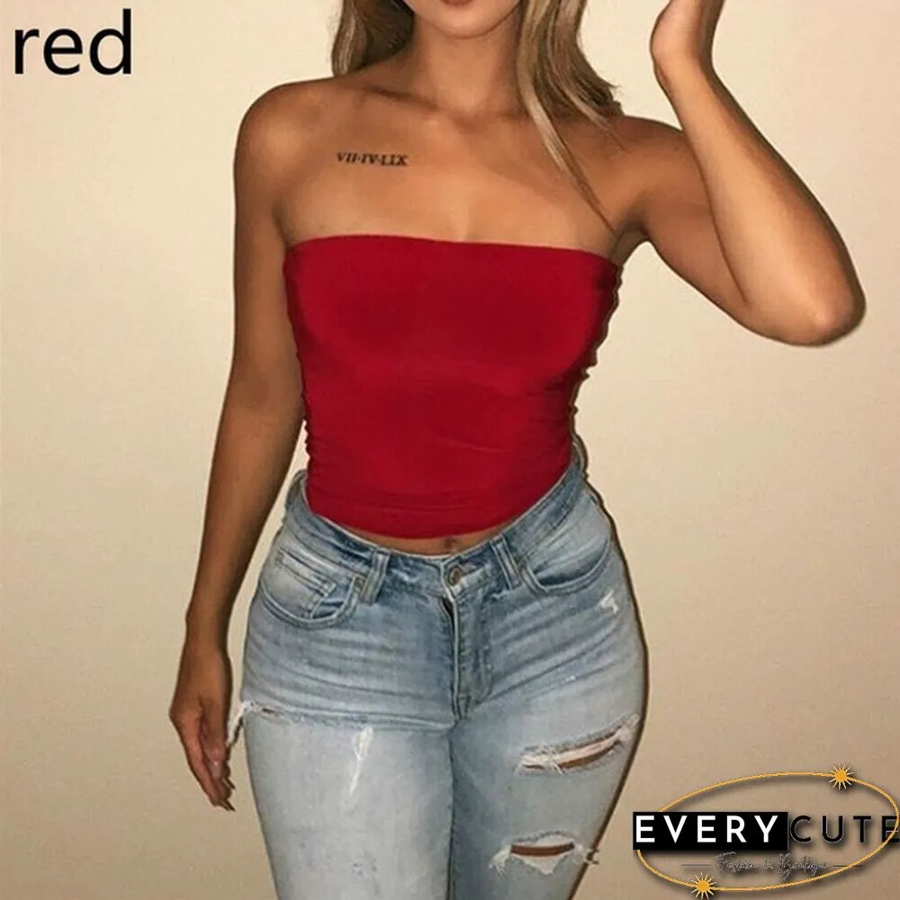 Womens Off Shoulder Strappyless Casual Tank Vest Sleeveless Summer Bodycon Slim Crop tops