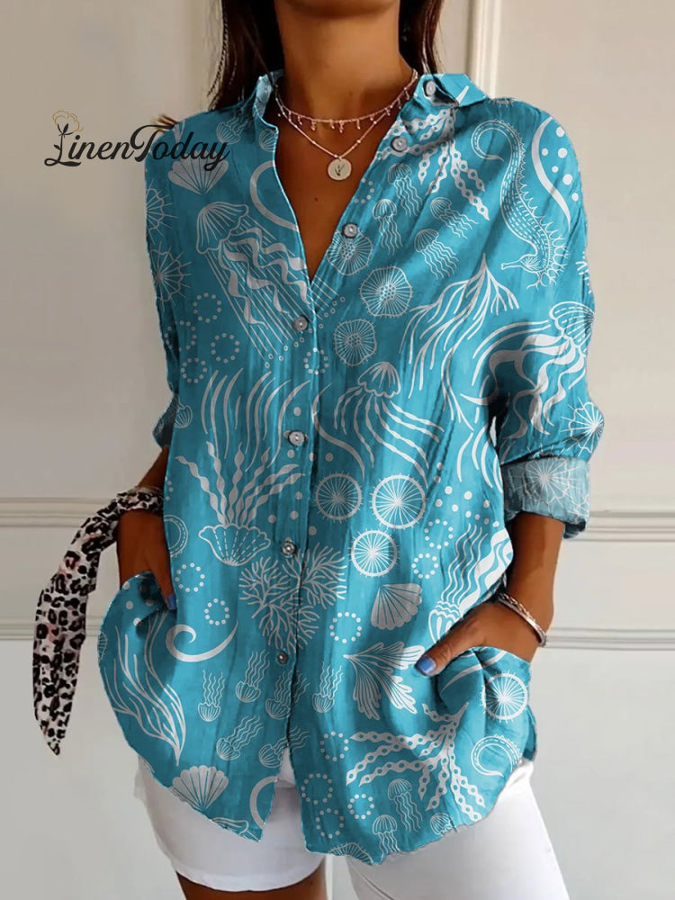 Women’s Vintage Undersea World Art Print Casual Cotton Shirt Multicolor / S