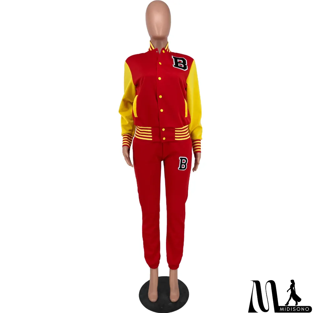 MidiSono - Women Letter Baseball Jacket and Pant Two-Piece Set