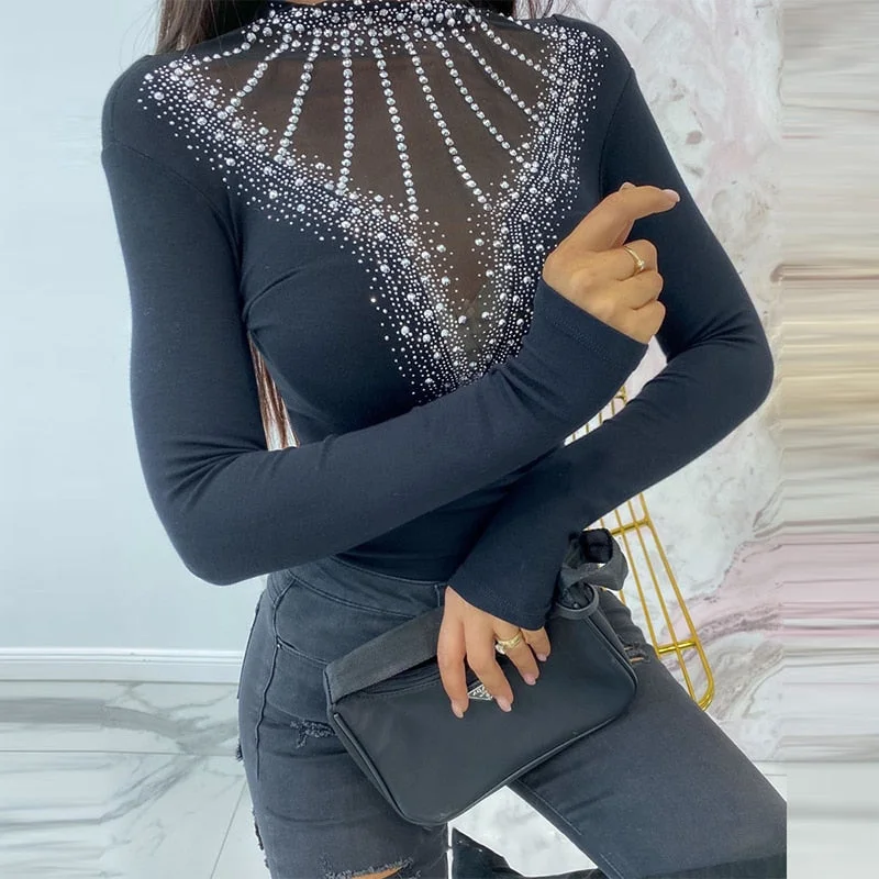 Elegant U Neck Diamond Shirt Pullover Office Lady Sexy Fashion Skinny Blouse 2022 Spring Long Sleeve Women Tops Blusa Streetwear