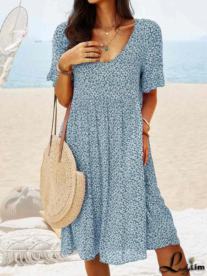 Women Floral Printed Short Sleeve Vintage Boho Weaving Tunic Dress