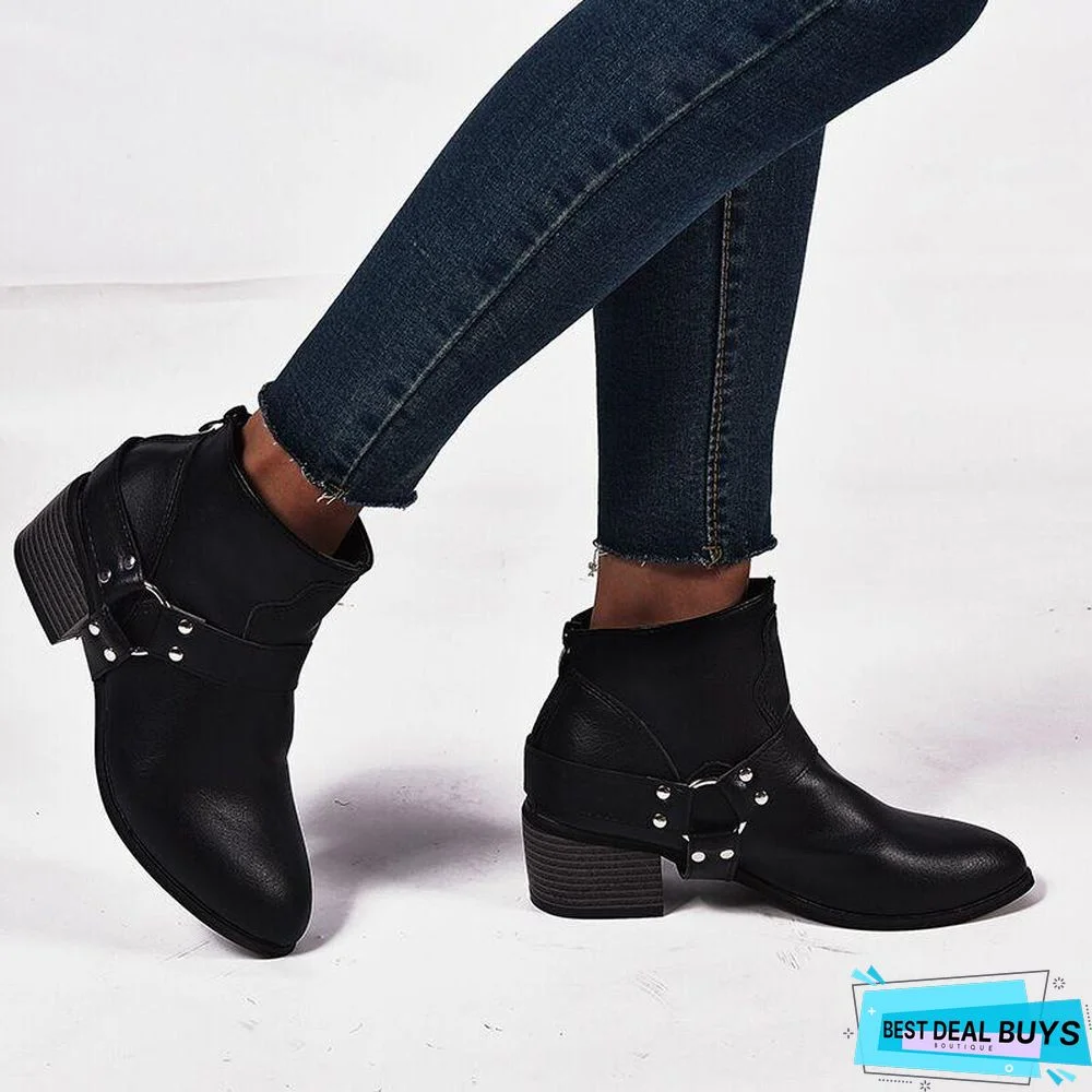 Women Boots Vintage Leather High Heels Shoes Bota Woman Autumn Short Boot Winter Buckle Daily Ankle Boots