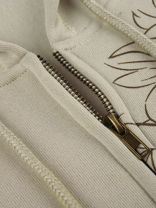 Brownm khaki zip-up hoodie with floral graphics