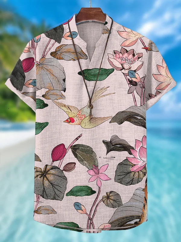 Men's Lotus And Bird Chinese Painting Art Print V Neck T-Shirt