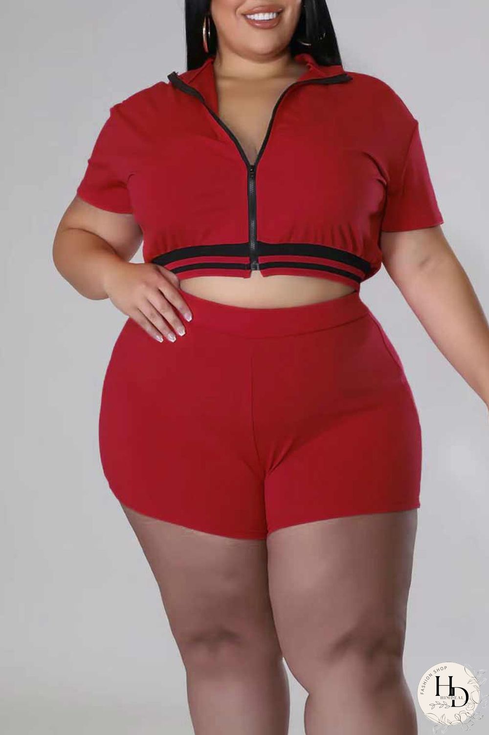 Red Casual Solid Patchwork Zipper Plus Size Two Pieces
