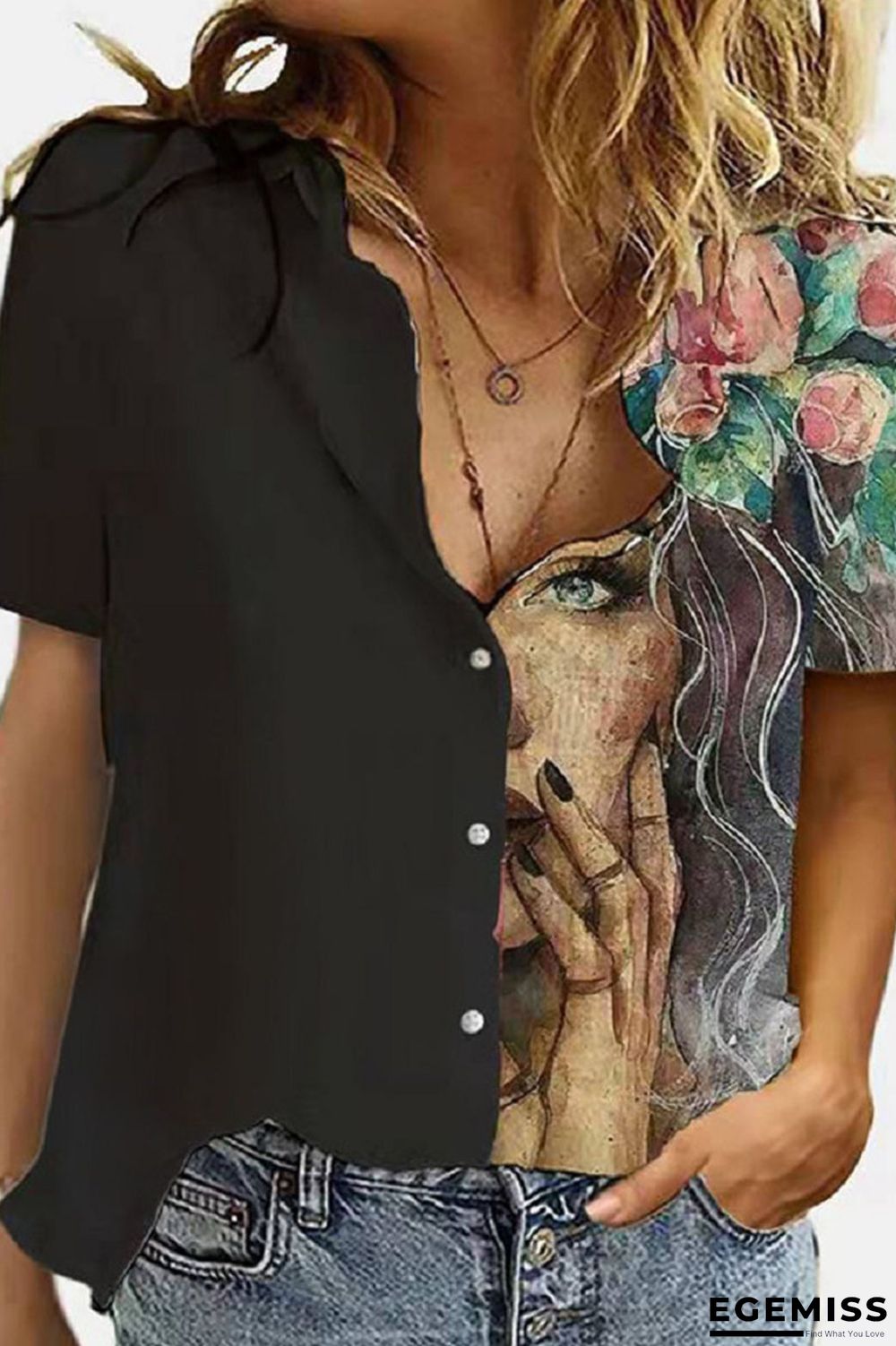 Black Fashion Casual Print Patchwork Turndown Collar Tops | EGEMISS