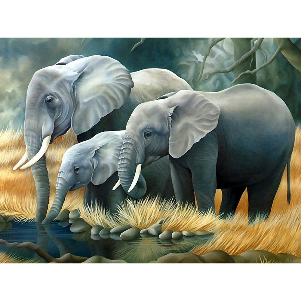 

40*30CM - Elephant Family - Round Drill Diamond Painting, 501 Original