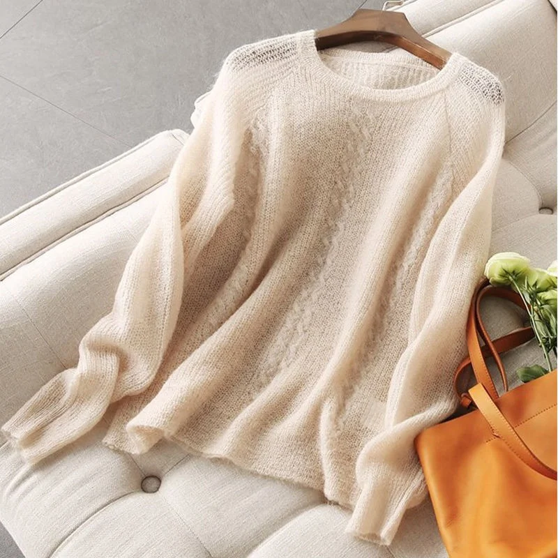 Long-sleeved Round Neck Thin Sweater Women Loose Solid Color Hollow Simple Bottoming Pullover Sweater Female Spring Summer 2021