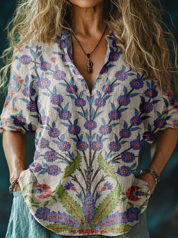 Women's Retro Flowers Print Casual Linen V-neck Shirt