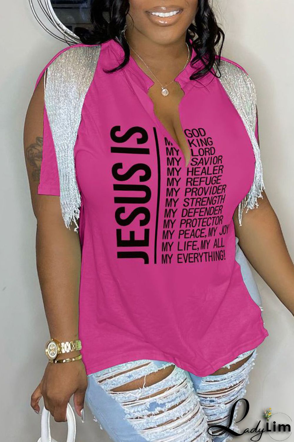 Black Casual Letter Print Tassel Patchwork V Neck T-Shirts