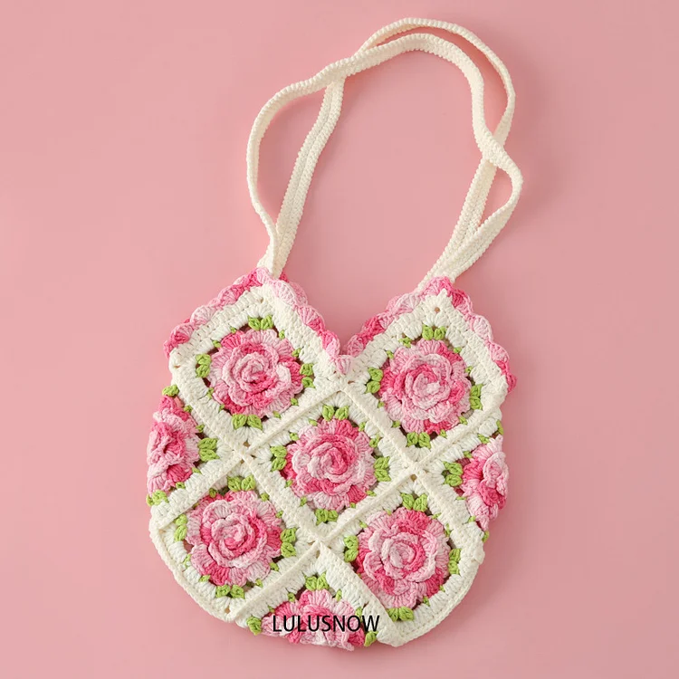 Lulusnow Handmade Pink 3D Rose Granny Square Crochet Tote Bag Shoulder Bag  Gift Christmas/Valentine's/Easter