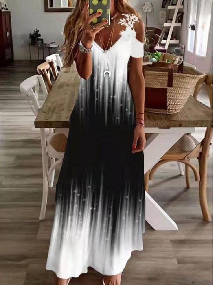 V-neck Printed Casual Short-sleeved Maxi Dress