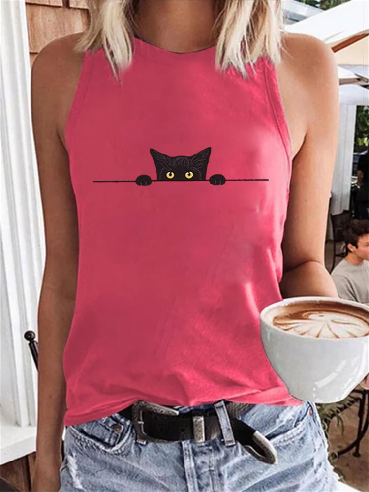 Comstylish Women's Casual Funny Black Cat Print Vest