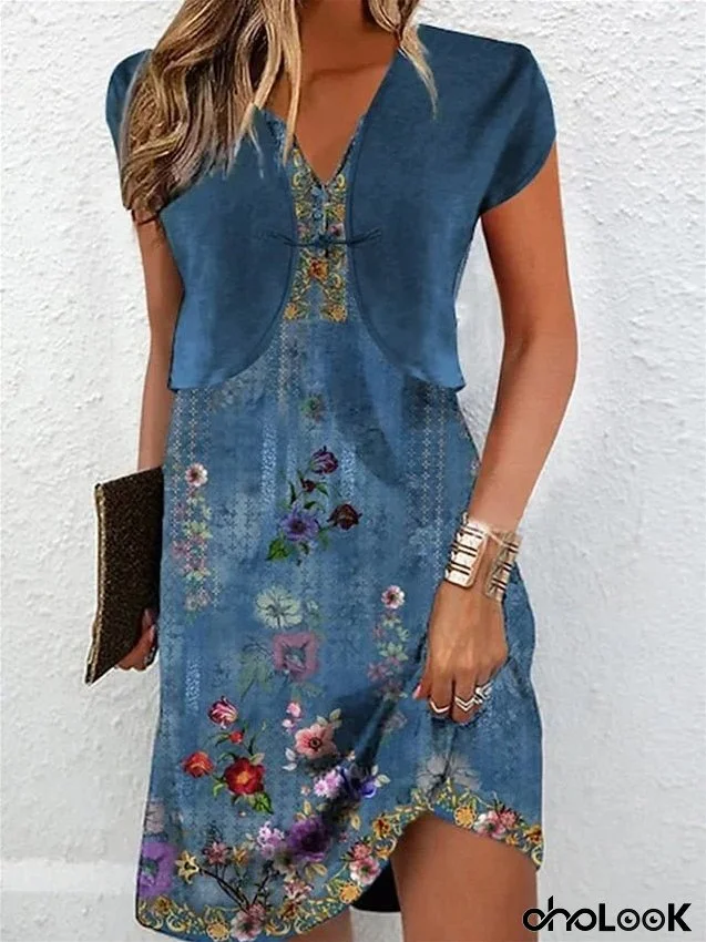 Women's Two Piece Dress Set Casual Dress Tank Dress Outdoor Daily Active Fashion Print Midi Dress V Neck Short Sleeve Floral Regular Fit Blue Summer Spring S M L XL XXL