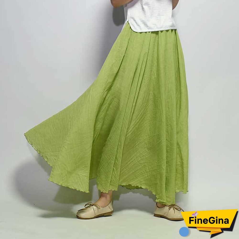 Women Linen Cotton Long Skirts Elastic Waist Pleated Maxi Skirts Beach Boho Vintage Summer Skirts Faldas Saia