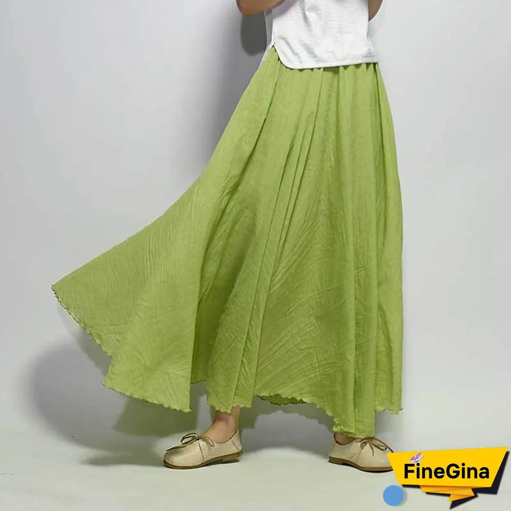 Women Linen Cotton Long Skirts Elastic Waist Pleated Maxi Skirts Beach Boho Vintage Summer Skirts Faldas Saia