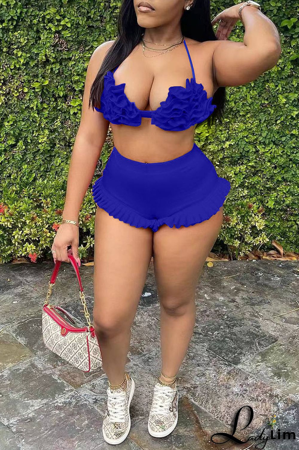 Pink Sexy Solid Split Joint Halter Sleeveless Two Pieces