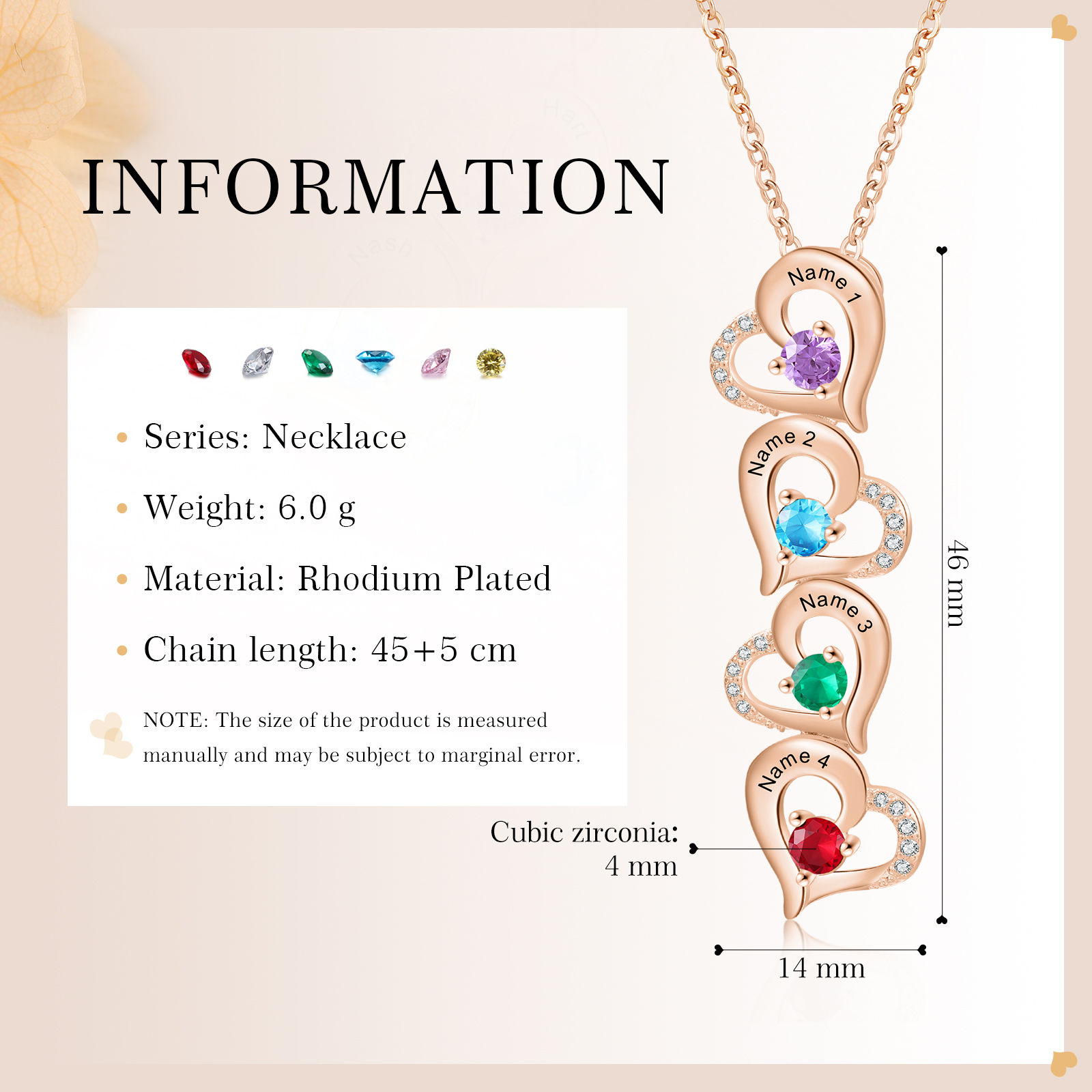 4 Names - Personalised Heart Pendant Necklace Custom Birthstones & Names Necklace Birthday Gift for Her-Jessemade AU