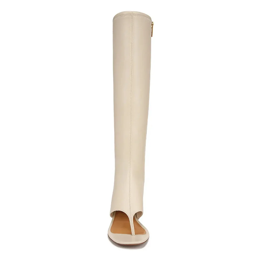 Vegan Leather Open-Toe Side-Zip Heeled Knee High Boots in Ivory