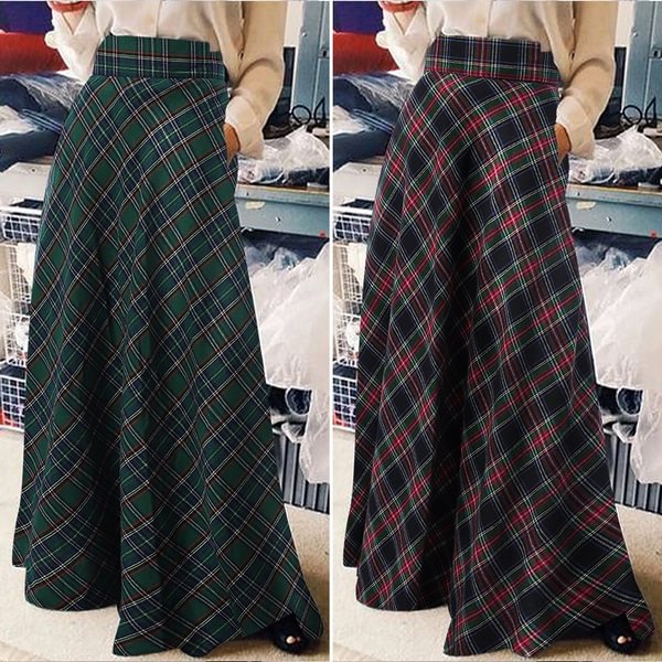 Summer Women Vintage A-Line Skirt Casual High Waist Plaid Checked Party Holiday Maxi Long Skirts - BlackFridayBuys