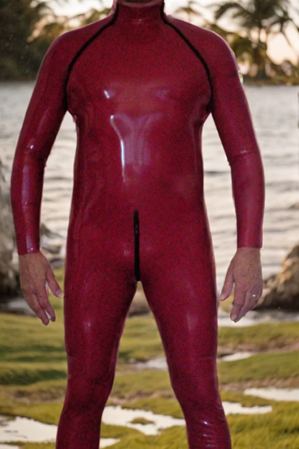 Man Latex Catsuits Double Zipper Berry Red High Neck